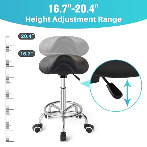 YEEZEE Saddle Stool Ergonomic- Comfortable Rolling Saddle Stool with Wide Thick Saddle Seat Padding, Swivel Adjustable Saddle Chair with Wheels and Ring Pedal for Medical Massage Salon (Dark Black)