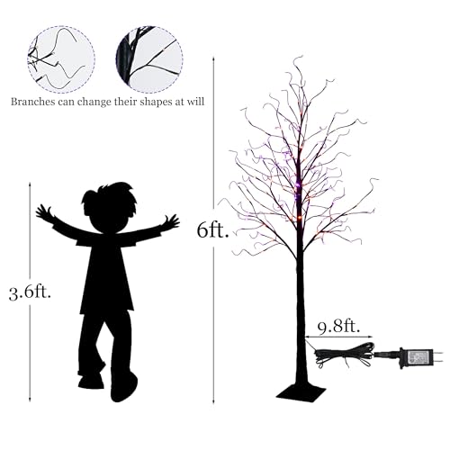 2 Pack 6FT Black Birch Halloween Tree with Purple & Orange LED Lights, Timer & Waterproof