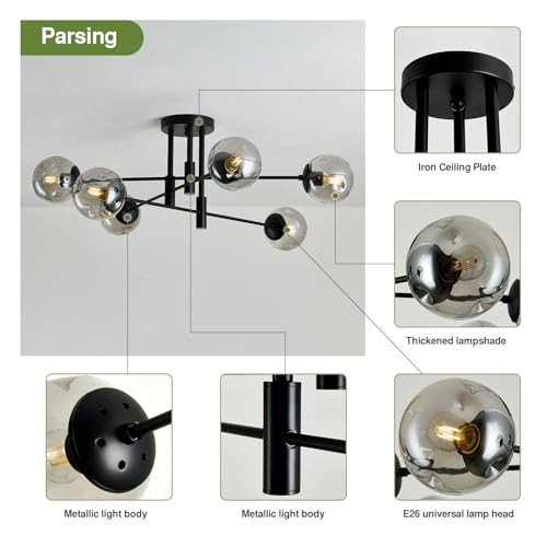 Black 6-Light Glass Globe Sputnik Ceiling Light Fixture Modern Farmhouse Chandelier