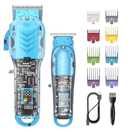 WAIKIL Hair Trimmer Kit for Men,Professional Barber Set for Hair Beard Trimmer,Quiet and Long-Lasting Charging,Transparent Rechargeable Bald Fade Clippers with LED Display (Blue)