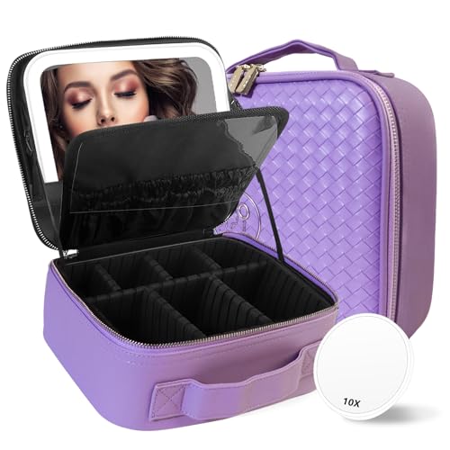 MOMIRA Travel Makeup Bag Cosmetic Bag Makeup Organizer Bag with Lighted Mirror, Adjustable Brightness in 3 Color Scenarios, Waterproof Makeup Train Case, Gift for Women - Violet(Woven)