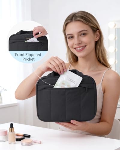 Narwey Hanging Travel Toiletry Bag for Women - Medium Black Quilted Organizer