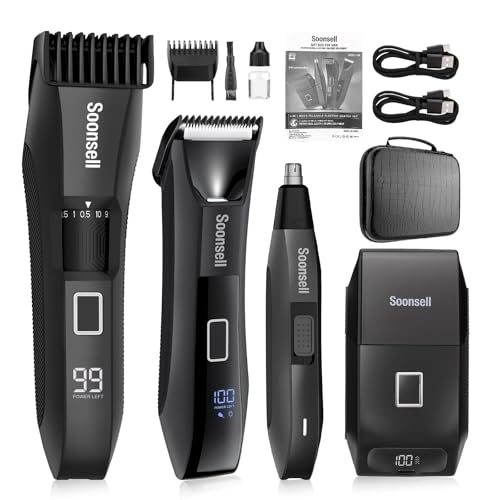 Soonsell 4-in-1 Men's Grooming Kit, Waterproof Beard Trimmer, Nose & Body Hair Removal