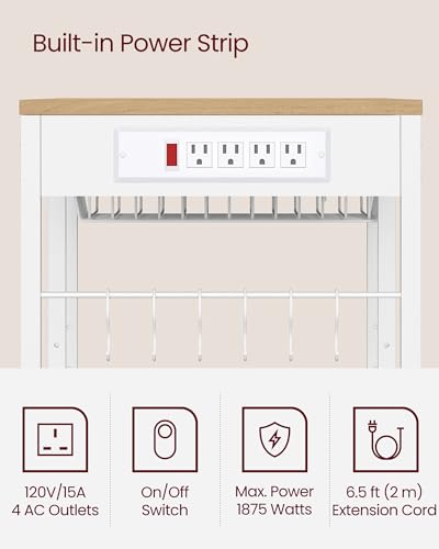 VASAGLE Kitchen Baker’s Rack with Power Outlet, Oak Beige & Ink Black Steel Frame & Wire Basket