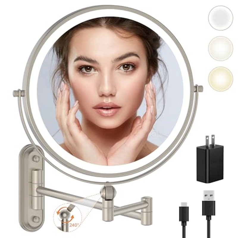 9" Wall Mounted Makeup Lighted Mirror, 4000mAh Rechargeable Double Sided LED Vanity Mirror with Height Adjustable&1X/10X Magnification, 3 Color Lights Bathroom Mirror (9INCH-Nickel)