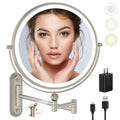 9" Wall Mounted Makeup Lighted Mirror, 4000mAh Rechargeable Double Sided LED Vanity Mirror with Height Adjustable&1X/10X Magnification, 3 Color Lights Bathroom Mirror (9INCH-Nickel)