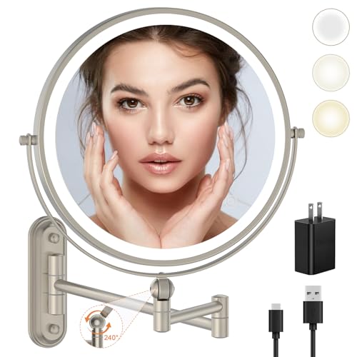 9" Wall Mounted Makeup Lighted Mirror, 4000mAh Rechargeable Double Sided LED Vanity Mirror with Height Adjustable&1X/10X Magnification, 3 Color Lights Bathroom Mirror (9INCH-Nickel)