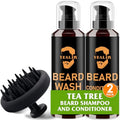 Beard Wash, Beard Conditioner w/Tea Tree Oils, Reduces Beard Dandruff & Relieves Itching, Strengthens, Softens and Nourishes Dry & Coarse Beards - Beard Shampoo w/Beard Brush 2 x 4 Fl Oz