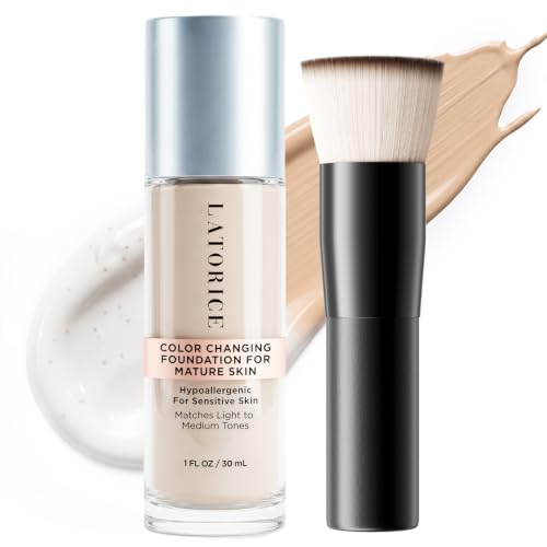 LATORICE Color Changing Foundation with Professional Brush - 1 Fl Oz, Light to Medium Tones, Hydrating, No Settling, Fragrance-Free