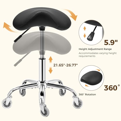 BEWISHOME Ergonomic Rolling Saddle Stool, Height-Adjustable Rolling Swivel Saddle Stool Chair with Thickened Saddle Seat Padding, for Salons, Spas, Office, Black BMD02B