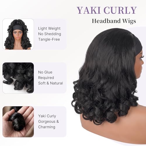 Black Yaki Curly Headband Wig 16 Inch Kinky Curly Synthetic Half Wig for Black Women