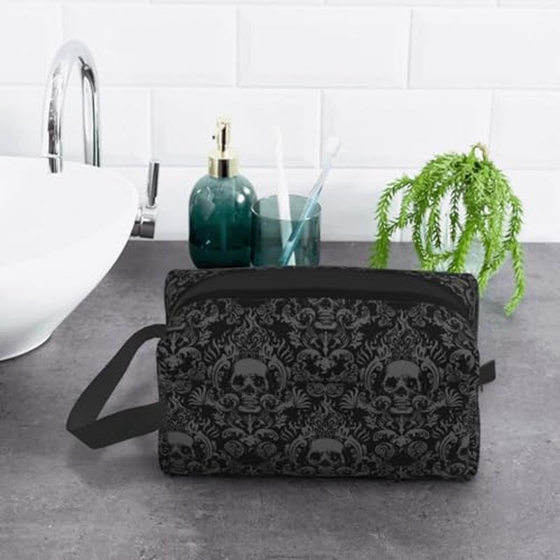 Gothic Skull Black Flower Halloween Cosmetic Bag for Women, Large Capacity Travel Makeup Pouch Portable Waterproof Toiletries Accessories Organizer