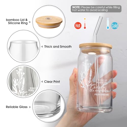 Christian Gift Set with Bible Style Accessories - 6 Pieces, Neutral Colors, 17oz Glass Cup, Makeup Bag & Mirror - Variation of 6 / Spanish Neutral Colors / 17 Ounces
