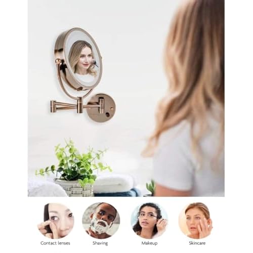 OVENTE Wall Mounted Lighted Makeup Vanity Mirror, 9" Hard Wired Double Sided 1X/7X Magnifying Bathroom Mirror, Dimmable LED Lights, 360¡Æ Rotation and 14" Extendable Arm, Antique Brass MPWD3185AB1X7X