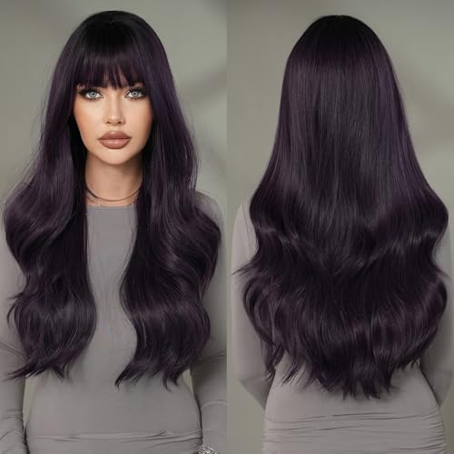 28 Inch Dark Purple Wavy Synthetic Wig with Bangs - Heat-Resistant Fiber for Women & Girls - Holiday, Party, Daily Use Variation of Dark Purple / 28.0 Inches