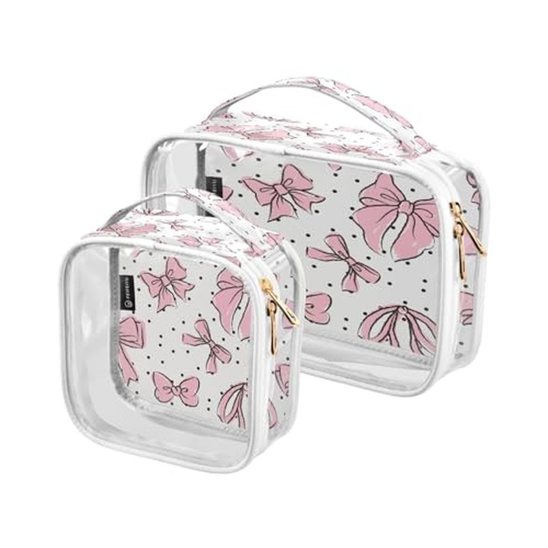Kigai Pink Bow Makeup Bags for Women and Girls Waterproof Portable Cosmetic Bag Clear Toiletry Bag with Zipper & Handle Travel Accessories Organizer, 2 Pack