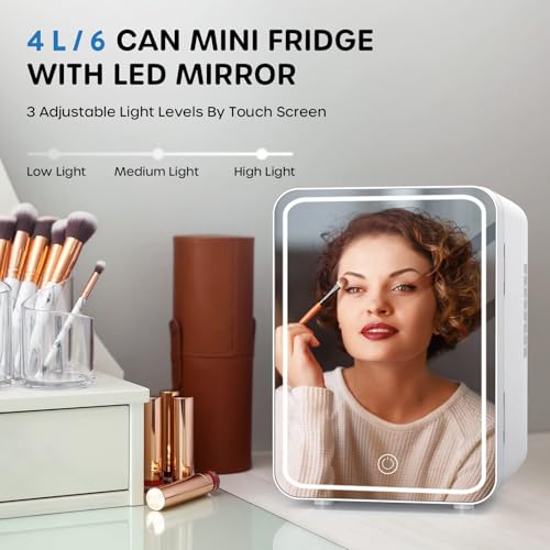 Mini Skincare Fridge with LED Mirror & Adjustable Light - Portable Cosmetic Cooler