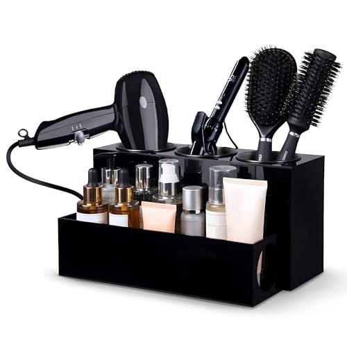 Hair Tool Organizer for Bathroom Vanity ? Blow Dryer Holder with Stainless Cups for Hair Dryer, Curling Iron & Straightener, Countertop Hot Tools Holder and Hair Tool Storage (BLACK)