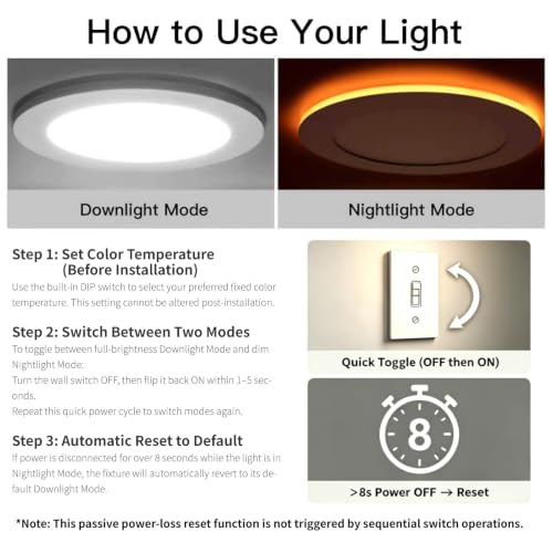 Meconard 6 Inch 5CCT LED Recessed Light with Night Light - White, 12 Pack