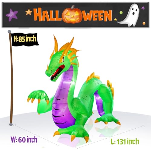 Giant Green 11FT Halloween Inflatable Dragon with LED Lights - Outdoor Yard Decor