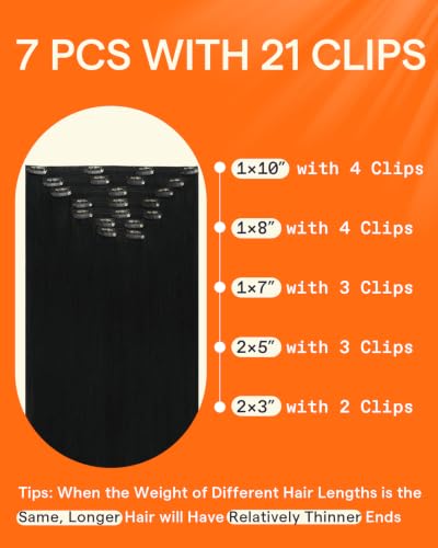 Full Shine Clip-In Human Hair Extensions - Jet Black, 22 Inch, 7pcs, 120g