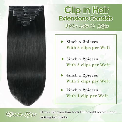 14 Inch Black Human Hair Clip-In Extensions - Seamless, Virgin Remy, Easy to Apply for Women