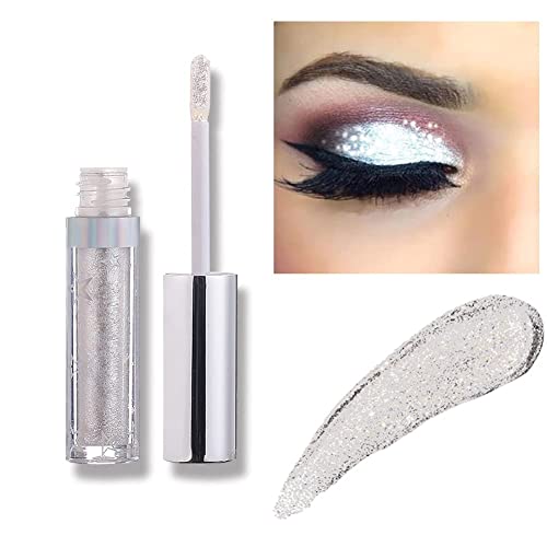 Glitter Liquid Eyeshadow Metallic Pigments Shimmer Makeup Metals Gloss for Eyes Eyeliners Sparkling Eye Shadow Shiny Pen Eyeliner Kit Long Lasting Waterproof (Silver)