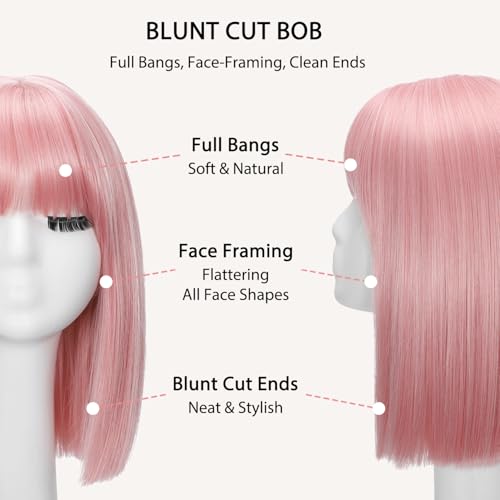 Pink Short Straight Synthetic Wig with Bangs - 14 Inch Bob Hair for Women, Cosplay & Daily Wear - Usweety
