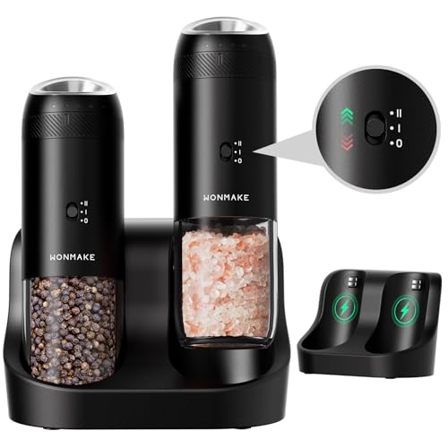 WONMAKE Gravity Electric Salt and Pepper Grinder Set Black - Dual Speed & Adjustable Coarse