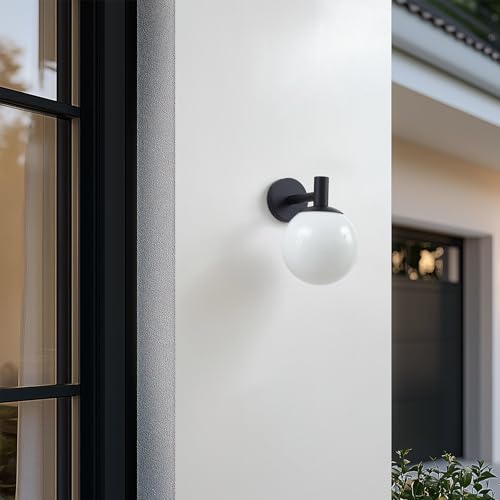 Outdoor Globe Wall Light Fixture - Modern Black Sconce with Opal Glass Shade for Porch, Patio, and Balcony