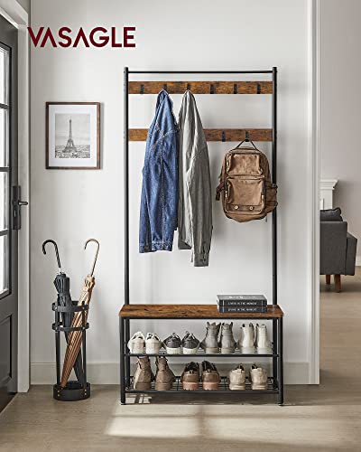 VASAGLE Rustic Brown & Black 3-in-1 Coat Rack with Shoe Storage Bench (33.5W) – Hall Tree