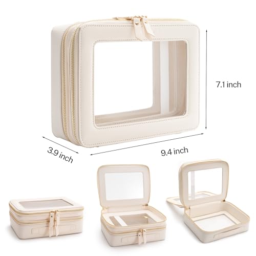 Aveniee Off-White Large Double Layer Clear Makeup Bag - Cosmetic Train Case