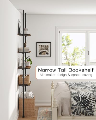 Tall Narrow Tension Mount Bookshelf - Rustic Brown 4-Tier for Small Spaces