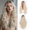 T-color Ombre Platinum Blonde Long Wavy Wig for Women 28 Inch Synthetic Curly Style