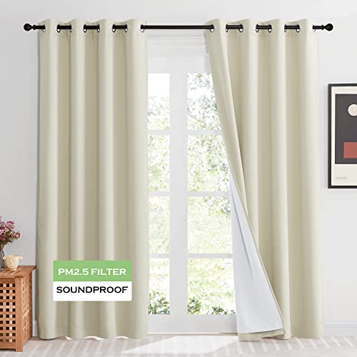 KGORGE 52W x 84L 4-Layer Soundproof & Dust Curtain, Blackout + Detachable Felt Liner (Pack of 2, Cream Beige)