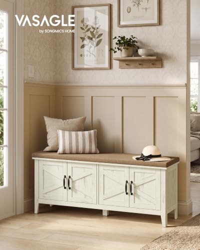 Farmhouse White & Walnut Shoe Bench with Cushion, 47.2-Inch Entryway Storage - Rustic White + Walnut Brown