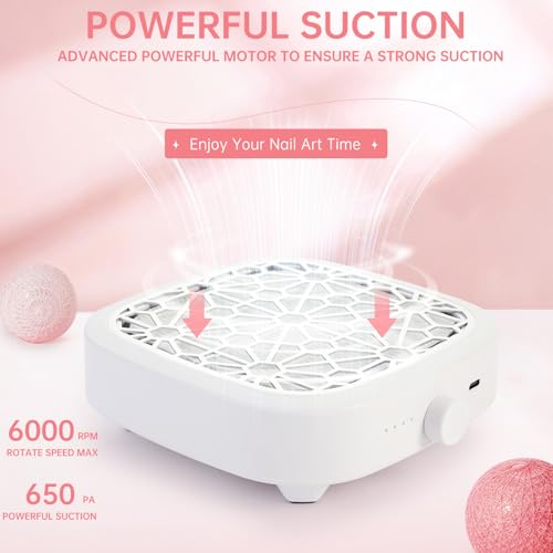 Nail Dust Collector, Cordless Dust Collector Nail Tech, Compact Powerful 6000RPM Nail Vacuum Fan Rechargeable Dust Extractor for Acrylic Gel Polish Manicure Pedicure for Home, White