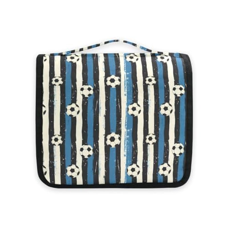 Hanging Travel Toiletry Bag Blue Black Stripes Soccer Balls Kit Makeup Case Cosmetics Organizer for Men Women
