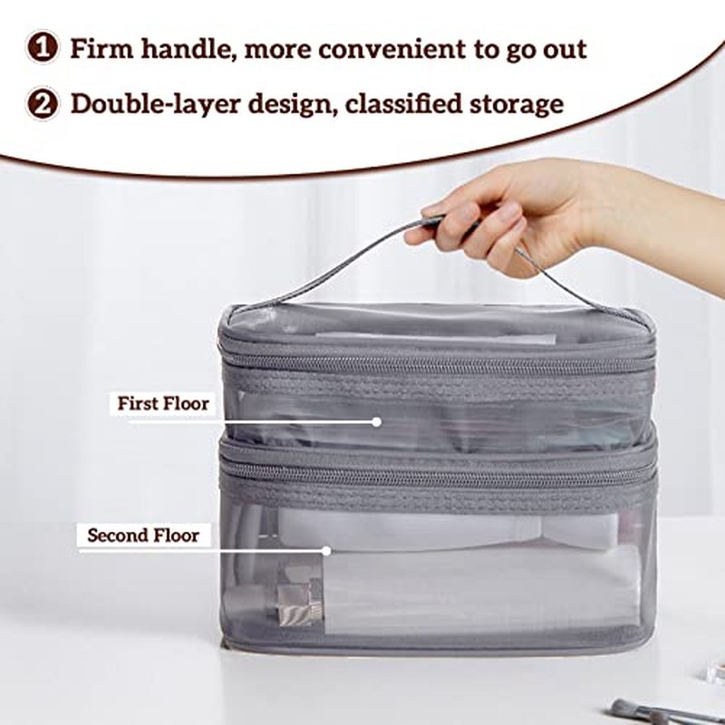 Double Layer Makeup Bag, Large Mesh Travel Cosmetic Pouch with Double Zipper, Vertical Make up Bag, Multifunctional Toiletry Bag for Makeup Brushes (Gray)