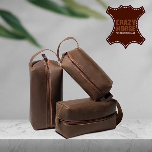KAAL Crazy Horse Genuine Leather Toiletry Bag, Unisex Travel Toiletry Organizer Dopp Kit Shaving Bag for Accessories (Golden Brown, Large)
