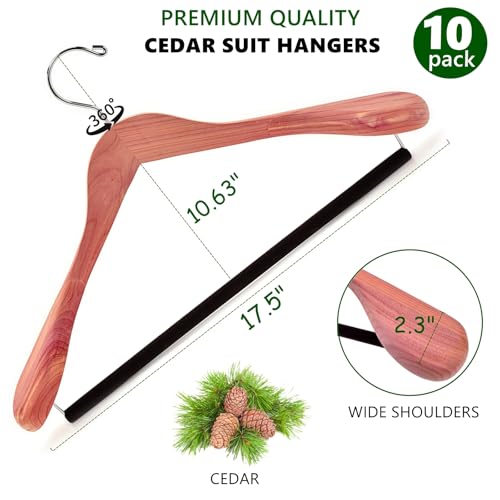 10 Pack Cedar Wood Suit Coat Hangers with Wide Shoulders & Non-Slip Bar