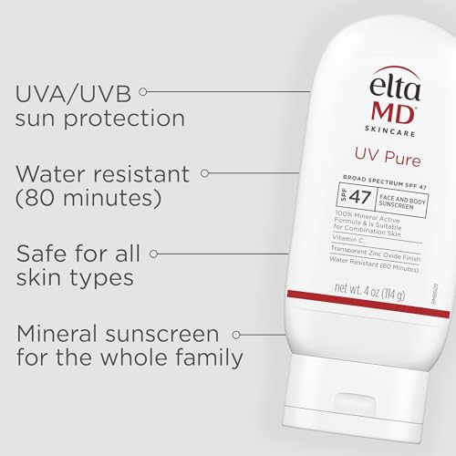 EltaMD UV Pure Face and Body Sunscreen, SPF 47 Mineral Sunscreen for Kids and Adults, Water Resistant Up to 80 Minutes, Oil Free Zinc Oxide Formula