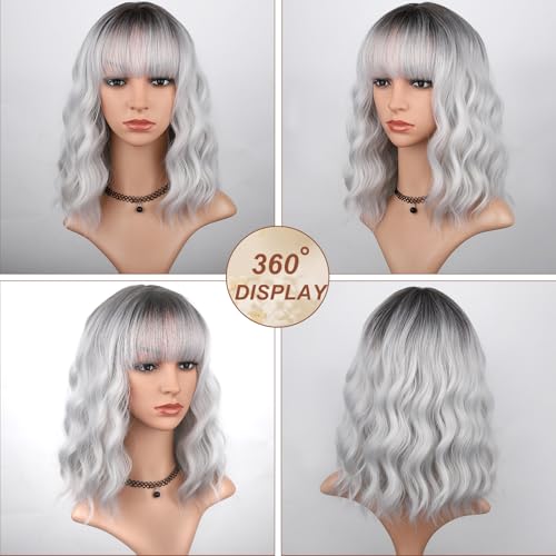 MINLEE Silver Gray Wigs for Women Short Bob with Bangs 14 Inch Curly Synthetic Hair Variation: Silver Gray