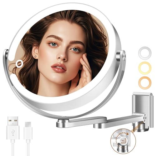 MOMOKUBA Silver Wall Mounted Makeup Mirror with Lights, 20X/1X Double-Sided, Height Adjustable