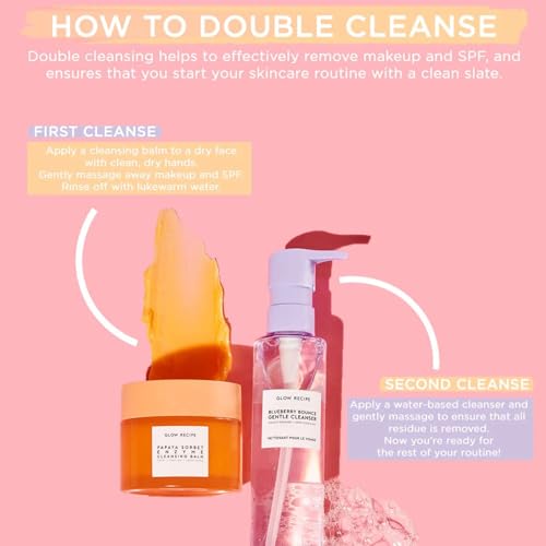 Glow Recipe Blueberry Bounce Gentle Face Cleanser 3-in-1 Foaming Double Cleanser, Makeup Remover Face Wash & Clarifying Mask - Hyaluronic Acid & AHA - Full + Travel Size (160 ml & 30 ml)