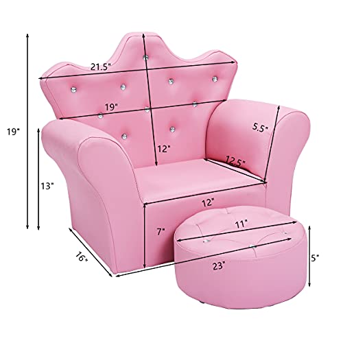 Kids Pink Princess Sofa Set with Ottoman - Toddler Upholstered Couch, Diamond Decor