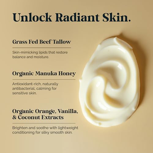 Whipped Beef Tallow Balm with Organic Manuka Honey ? 100% Grass-Fed Tallow Moisturizer for Face and Body ? Orange Vanilla Scented ? Natural Whipped Balm for Dry or Sensitive Skin 2.5oz.