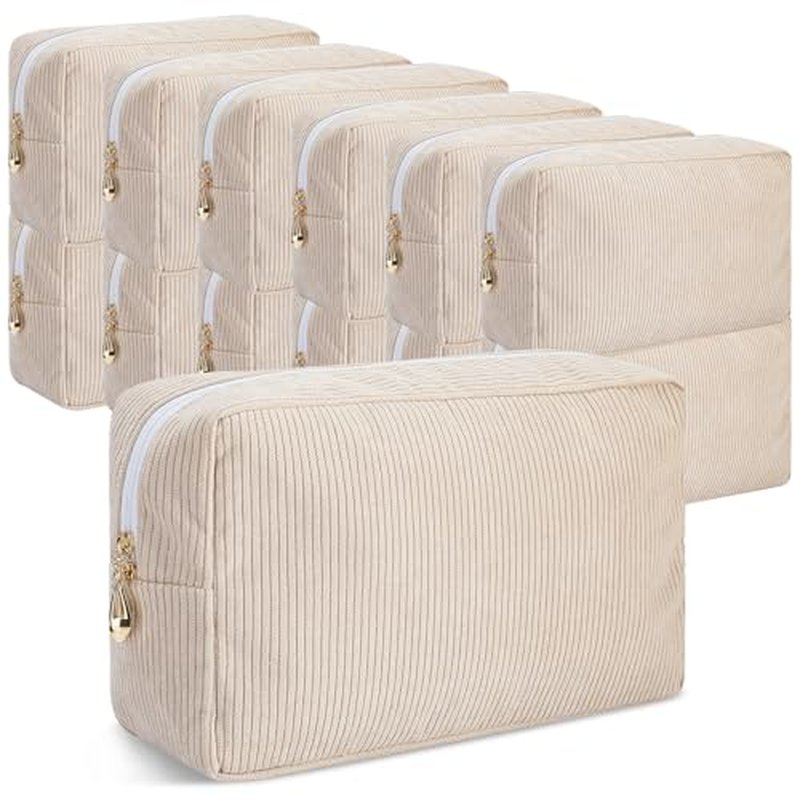 Amylove 12 Pcs Corduroy Makeup Bag Large Capacity Preppy Cosmetic Bag Bulk DIY Daily Use Plain Portable Makeup Pouch Travel Purse Organizer Storage for Women Xmas Gift(Beige Pink)