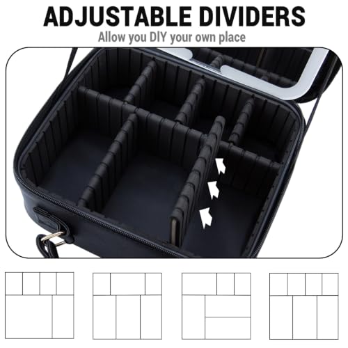 Travel Makeup Bag with LED Mirror, Adjustable Dividers & Brush Storage