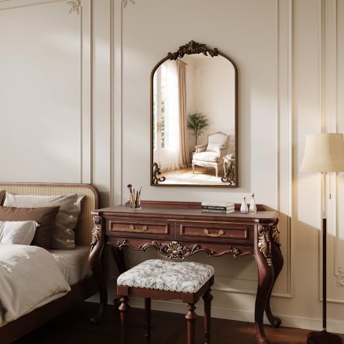 Vintage Wall Mirror 36x24 Inch Arched Antique Frame - Dark Gold Bronze